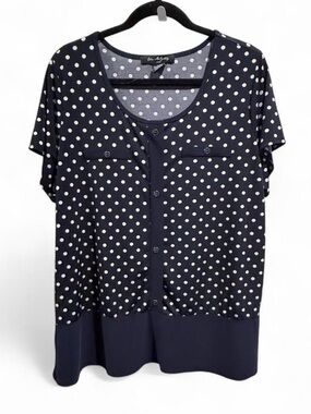 Elie McCarthy Navy Polka Dot Short Sleeve Button Front Top